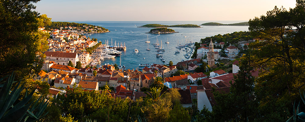 Panoramic photo of Hvar Town at sunset